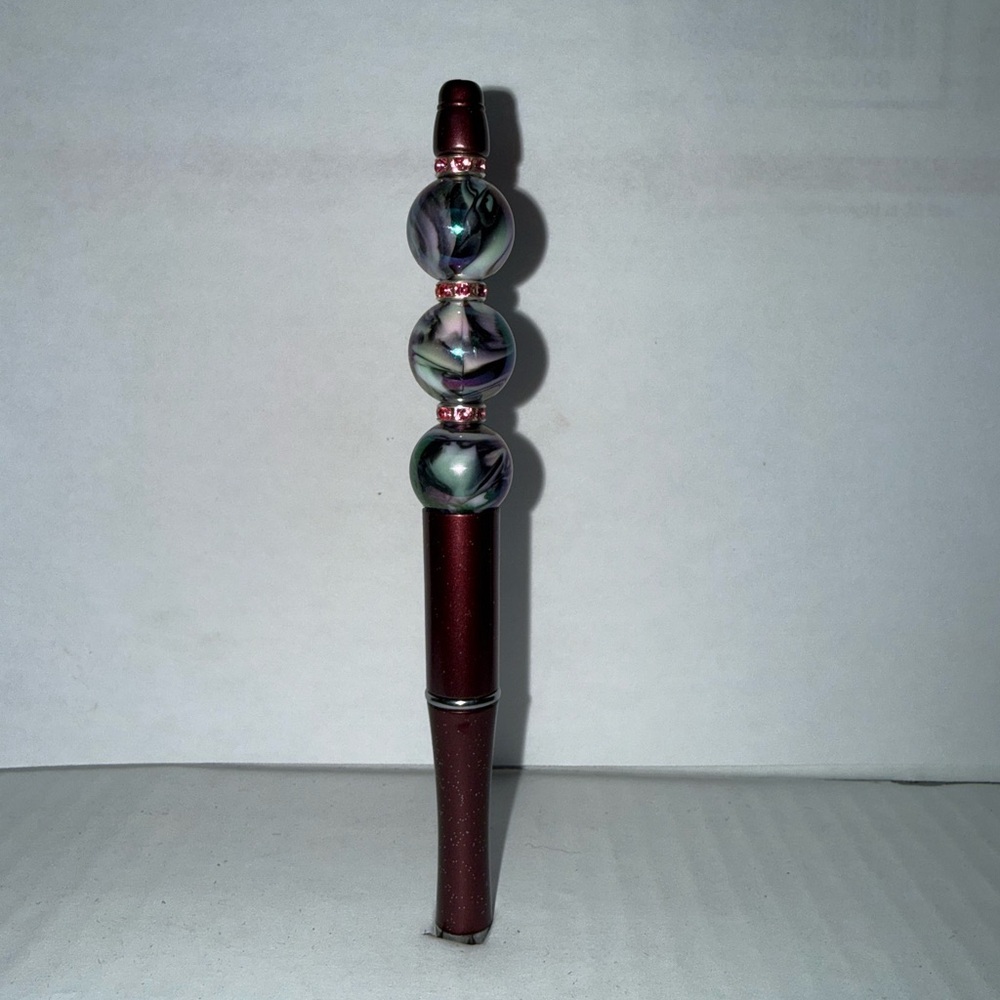 Hand Crafted Beaded Pen-Maroon Pen and Multicolor Marble Resin Beads
